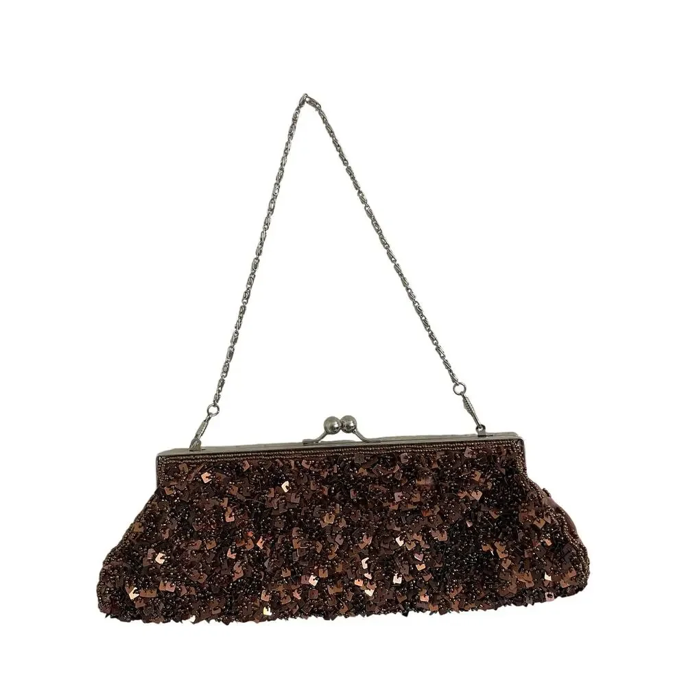 Vintage Brown Bronze Sequin Beaded Clutch Bag Brown Metallic Evening Purse